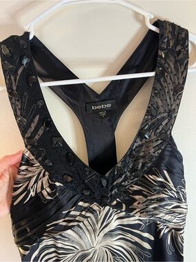 Bebe Black Floral Evening Gown Halter w/Rhinestones Maxi Elegant Formal Dress S